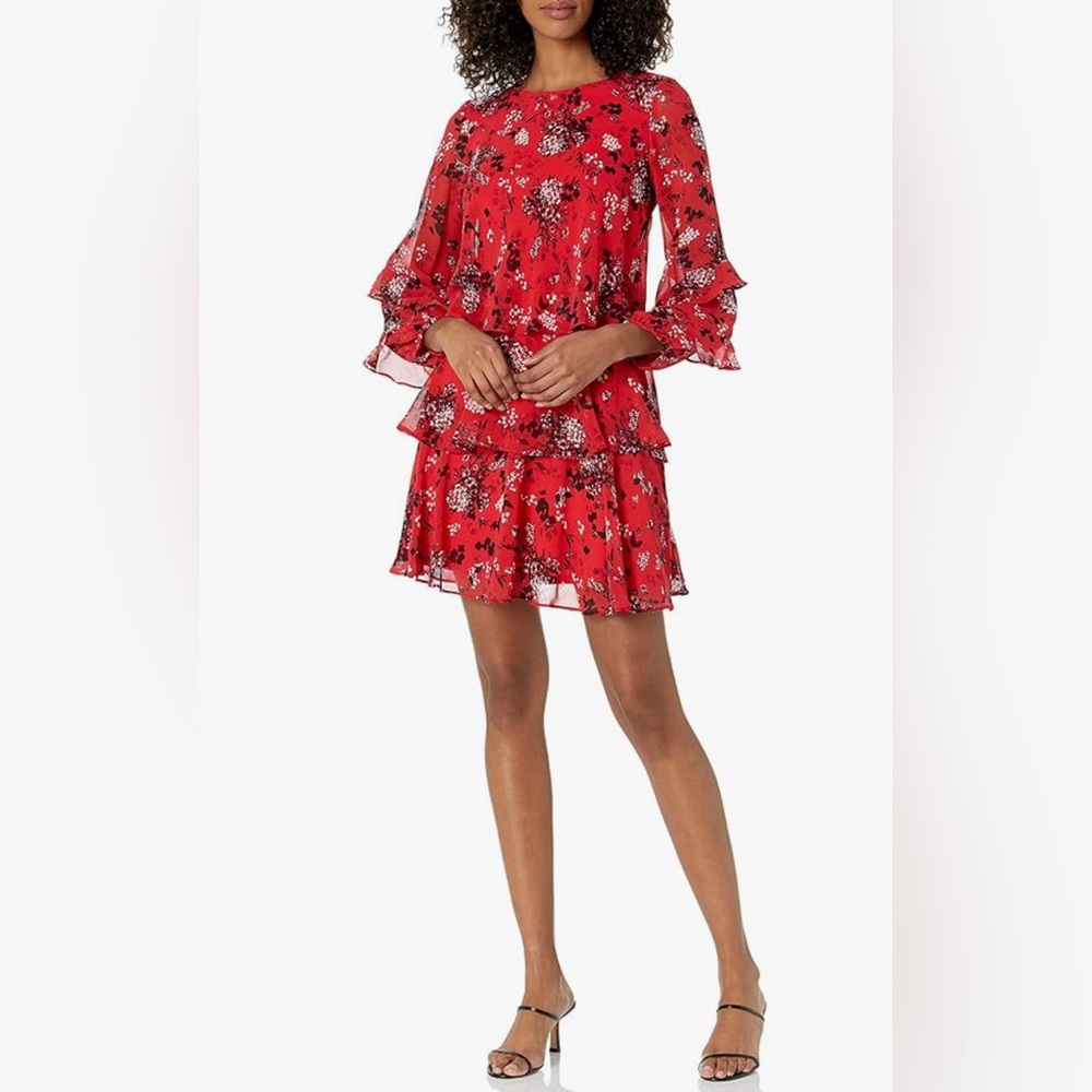 Taylor Womens Dresses Round Neck Ruffle Sleeve Floral Print Chiffon DressDress